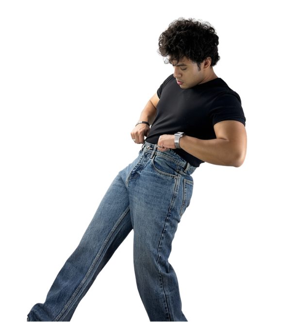 Roman XII Cyclops Vintage jeans - dynamic full body shot showing baggy leg drape