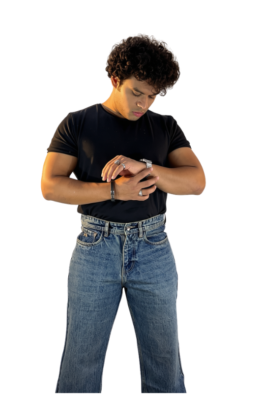 Roman XII Cyclops Vintage jeans - front view styled with black t-shirt showing baggy fit