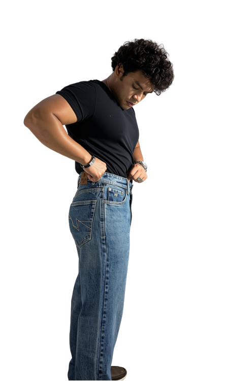 Roman XII Cyclops Vintage jeans - side profile view showing baggy fit drape