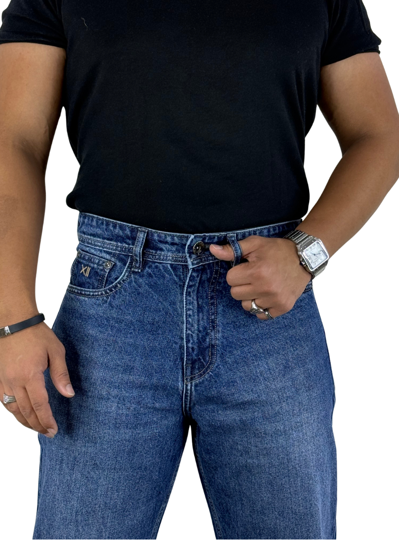 Roman XII Cyclops Dark Blue jeans - front waist and button detail