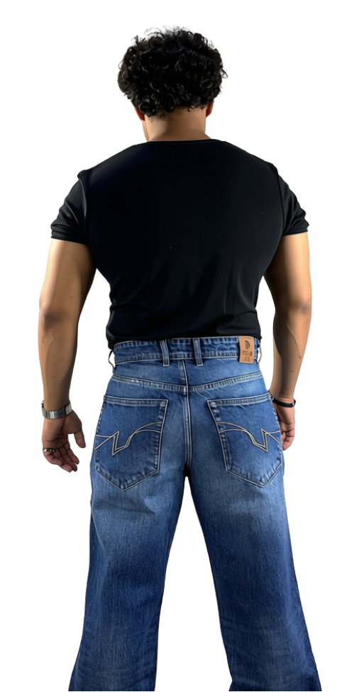 Roman XII Cyclops Dark Blue jeans - back view showing baggy fit and pocket stitching