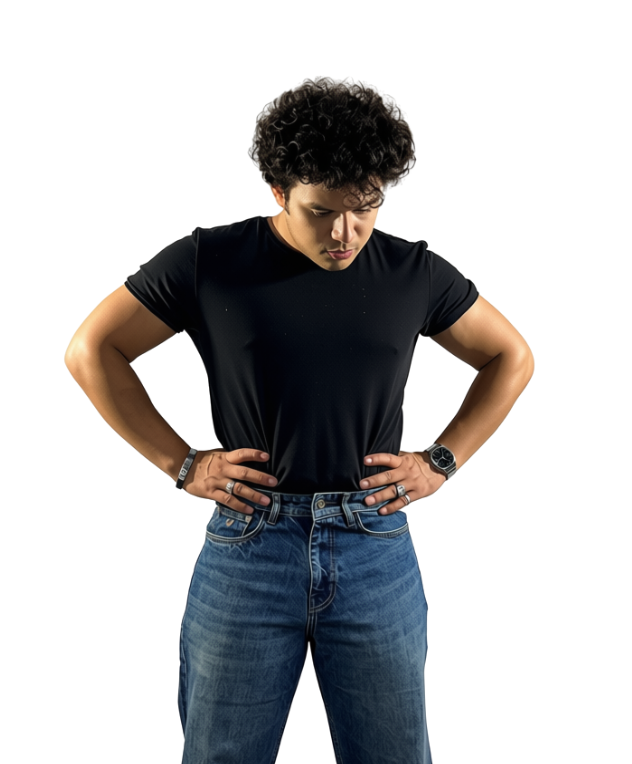 Roman XII Cyclops Heritage jeans - front view baggy fit with black t-shirt