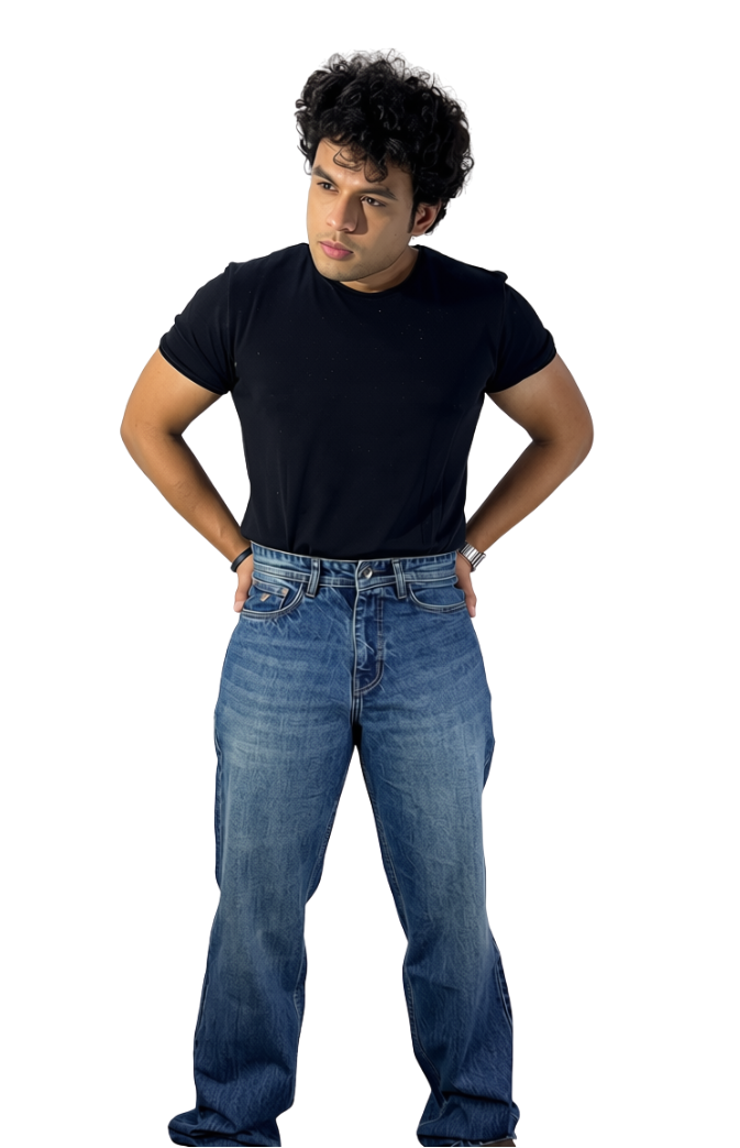 Roman XII Cyclops Heritage jeans - full body front view showing baggy leg drape
