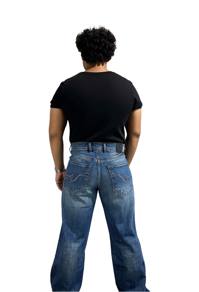 Roman XII Cyclops Heritage jeans - back view showing vintage wash and baggy fit
