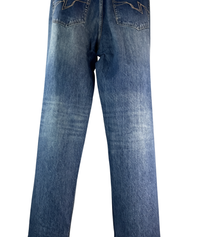 Roman XII Cyclops Heritage jeans - hanging back view showing vintage denim wash
