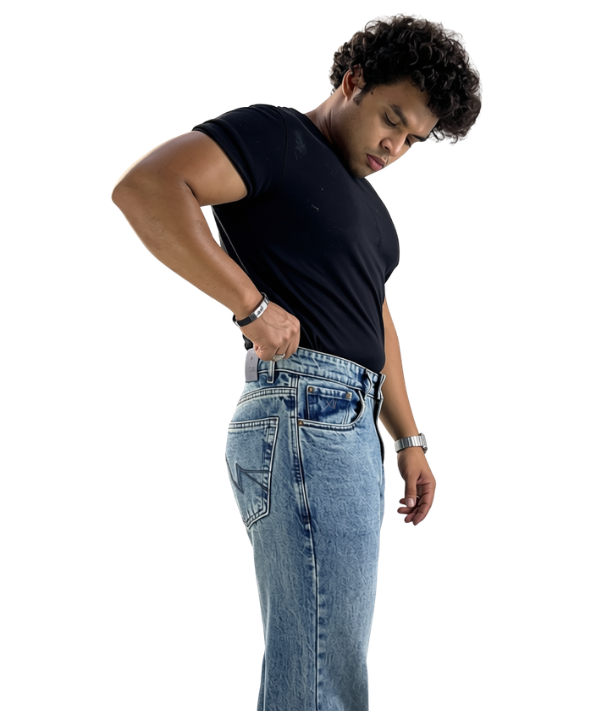 Roman XII Cyclops Moss Green 100% cotton straight fit jeans - front view styled with black t-shirt