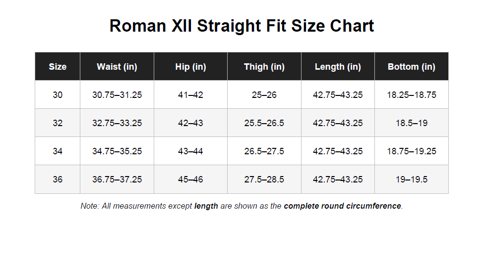 Roman XII size chart - waist, hip, thigh, length and bottom measurements for sizes 30-36